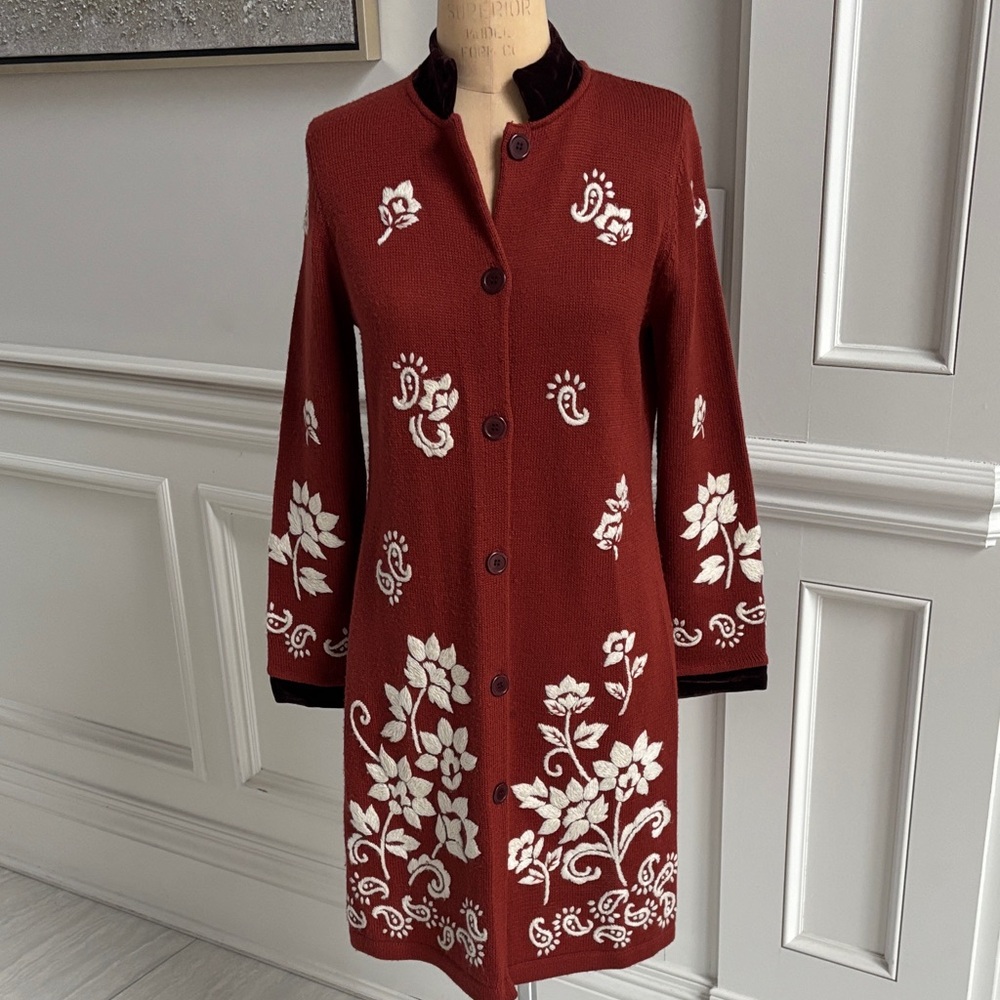 Vintage brick orange  long cardigan with Floral embroidery